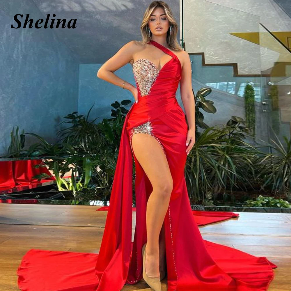 

Shelina Modern Trumpet Evening Dress Crystal Sweetheart Pleat Split Backless Sweep Train Robes De Soirée Drop Shipping 2024