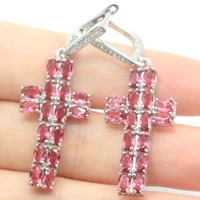 48x17mm delicate fine cut long cross 7g pink raspberry rhodolite garnet cz daily wear 925 silver earrings hot selling