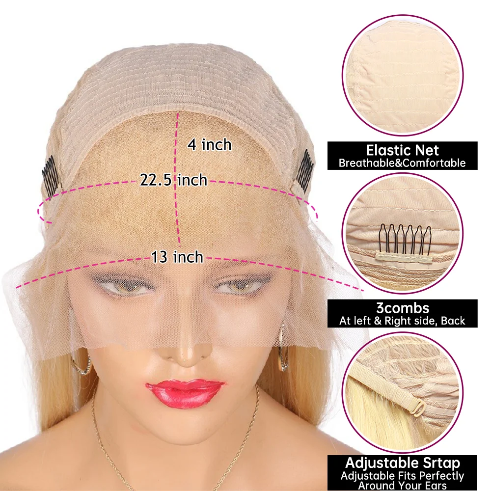 613 Honey Blonde Color Straight 13x4 Transparent Lace Frontal Human Hair Wig Brazilian Remy Short Bob Lace Front Wigs For Women