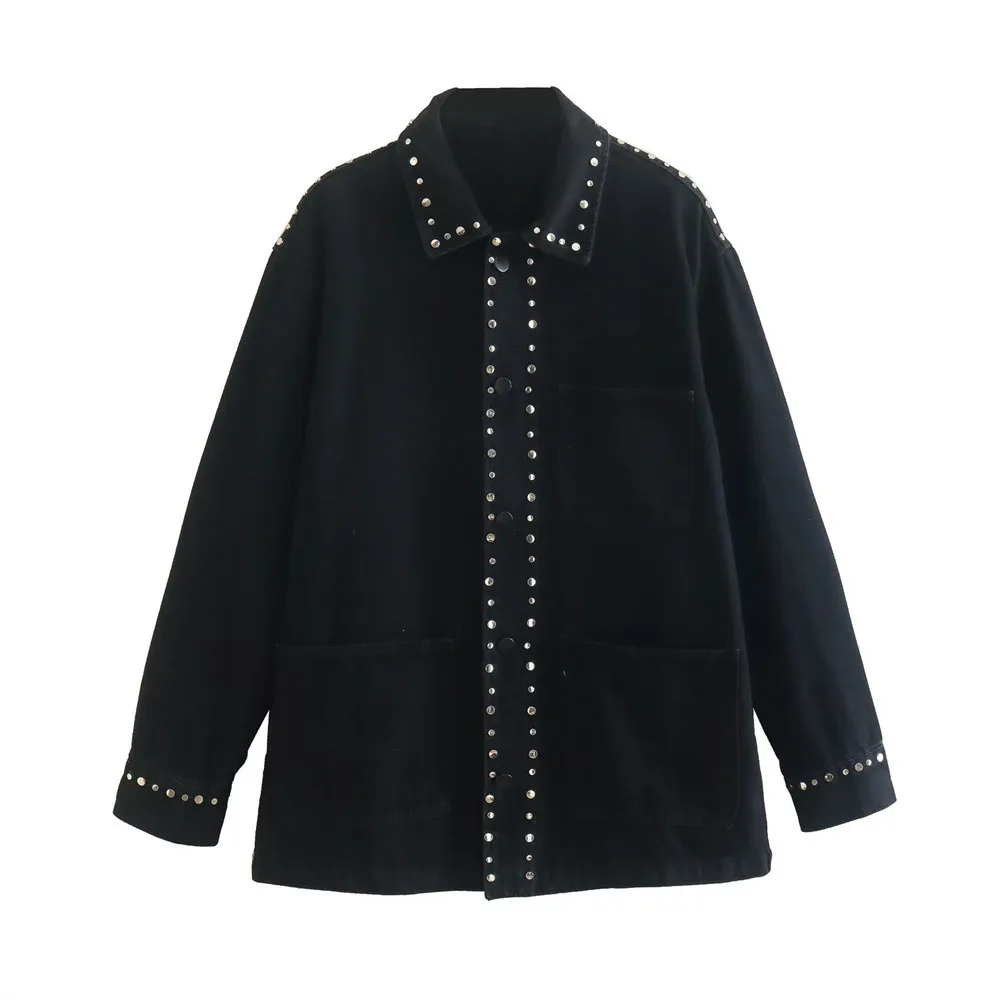 

PB&ZA 2022 Autumn New Women's Clothing Commuter Casual Rivet Decorated Long-sleeved Lapel Black Denim Jacket 7223052