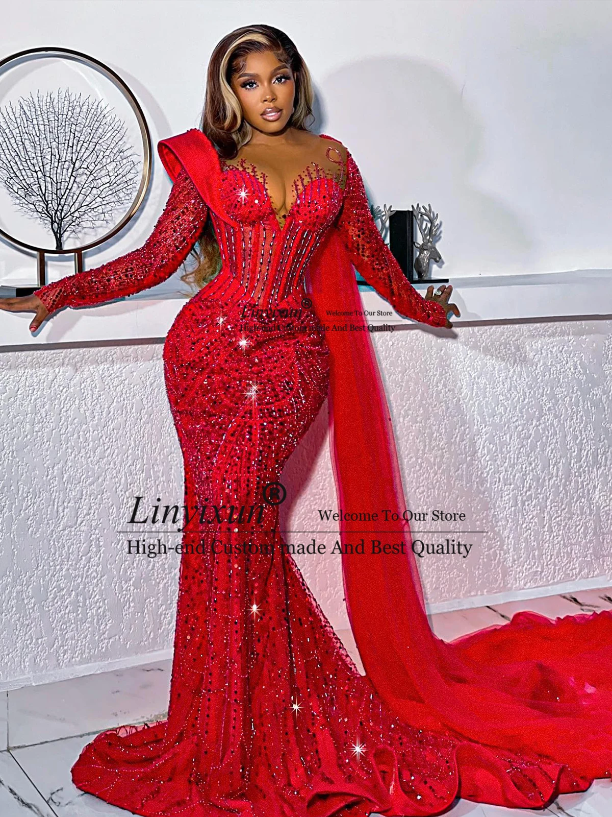 

Red Sparkling Sequin Beaded Mermaid Long Prom Dress Long Sleeve See Through O Neck Formal Evening Gown Sweep Train Vestido Festa