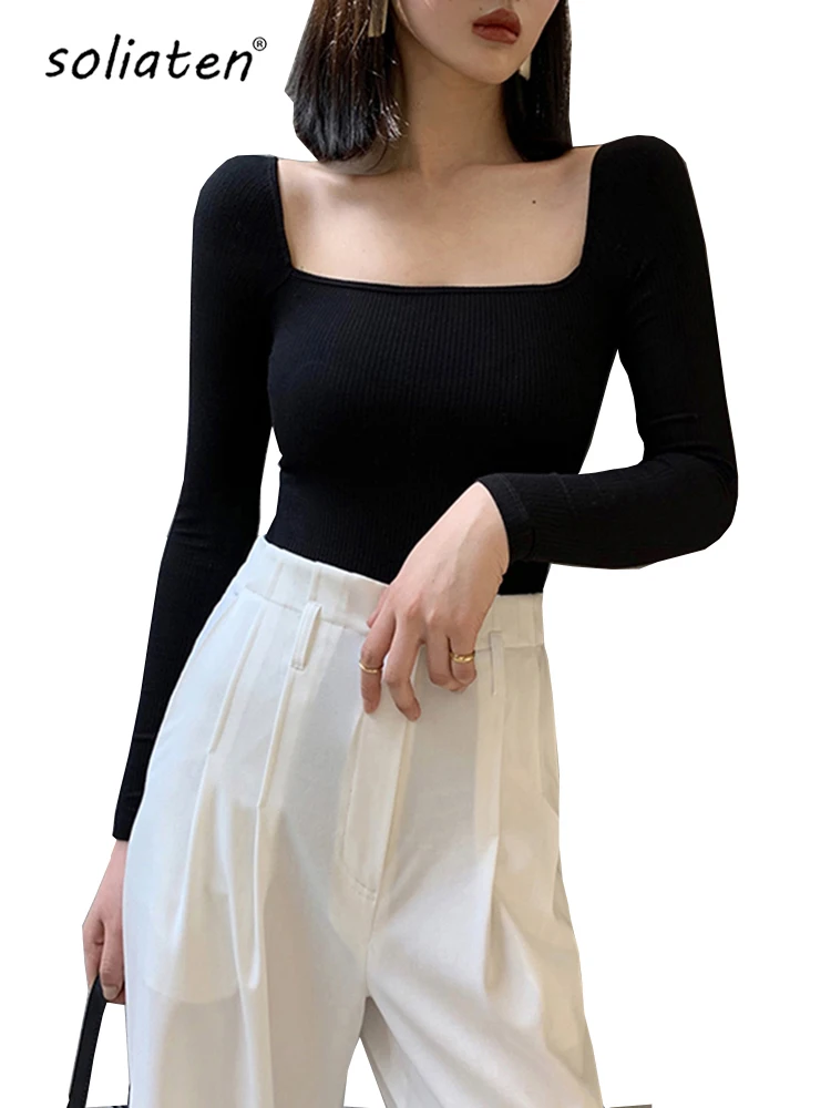 Black Office Lady Elegant Scoop Neck Long Sleeve Solid Mercerized Cotton Pullovers Tee 2022 Casual Women Y2K T-Shirt B-026