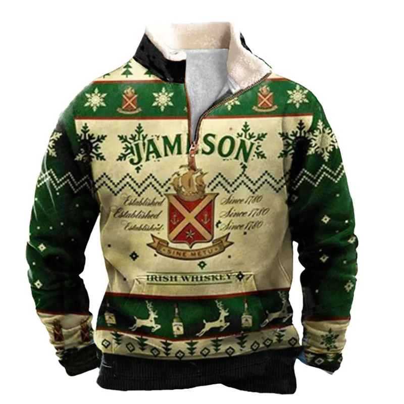 

Men's 1/4 Zip Henley Collar Fleece Christmas Sweatshirt