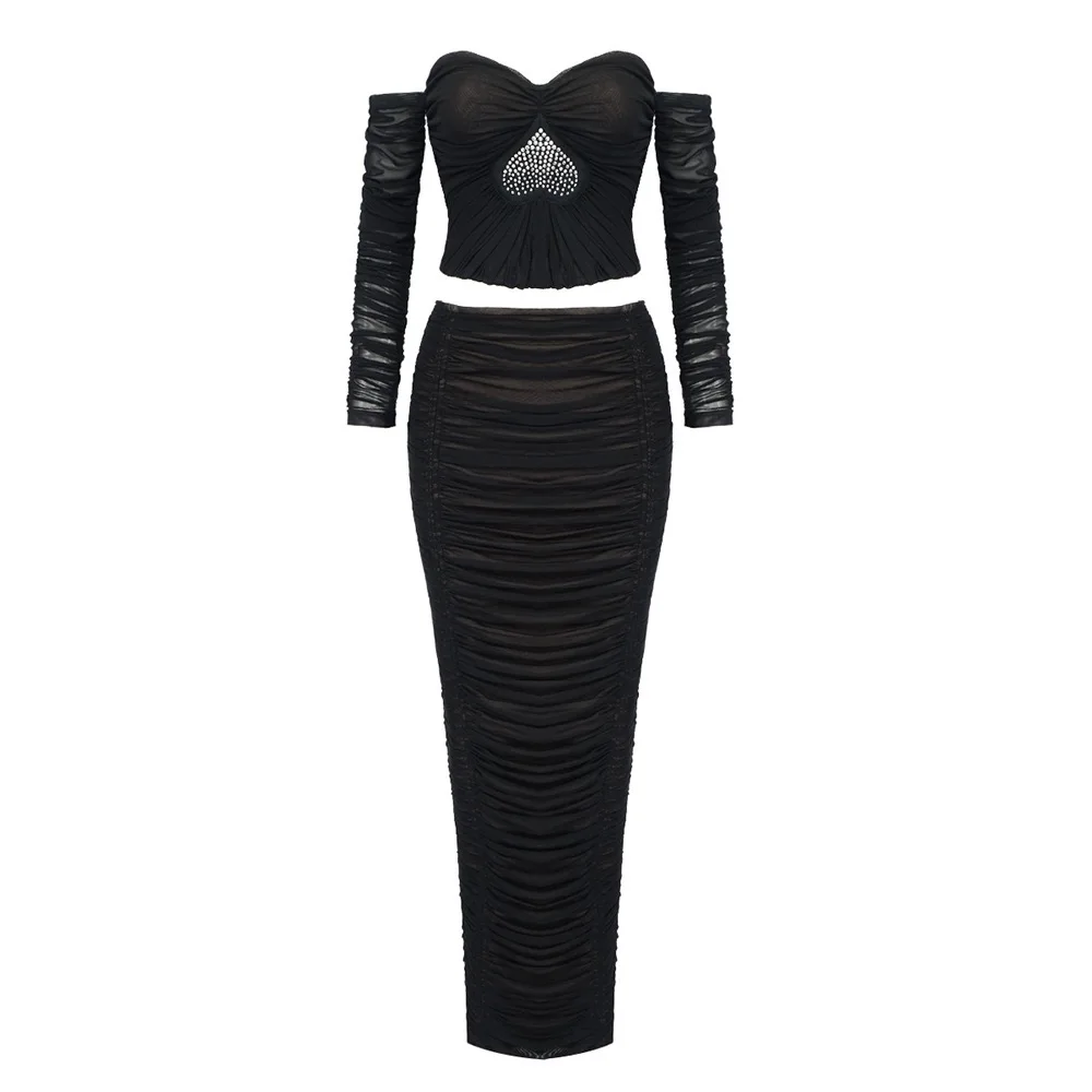 

Fantastic Fall 2023 Women Hotsweet Romantic Black Mesh Off Shoulder Sexy Ruched Long Sleeve Top Vintage Skinny Fit Skirt Sets