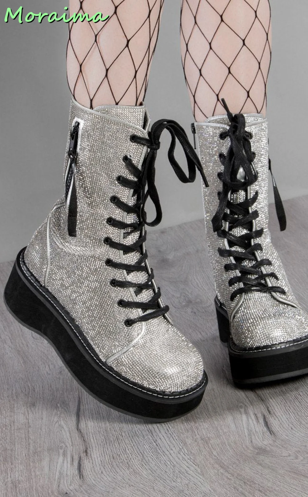 

Platform Silver Rhinestone Bling Ankle Combat Boots Front Lace Up Side Zipper Solid Fashion Women Shoes Autumn Winter New 2022