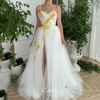 cathy delicate flowers adorn party dress spaghetti straps evening dress sweetie side split prom dress vestidos de noche