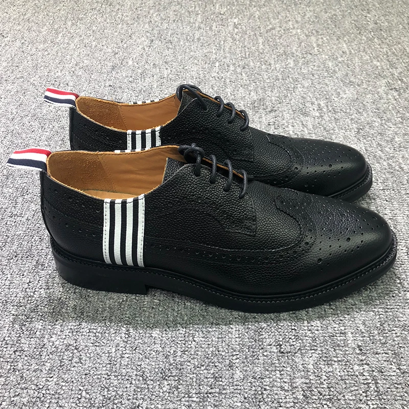 

TB THOM Shoes Fashion Brand Footwear Side Stripes Black Pebble Calfskin Long-wing Brogues Business Formal Leather Shoes