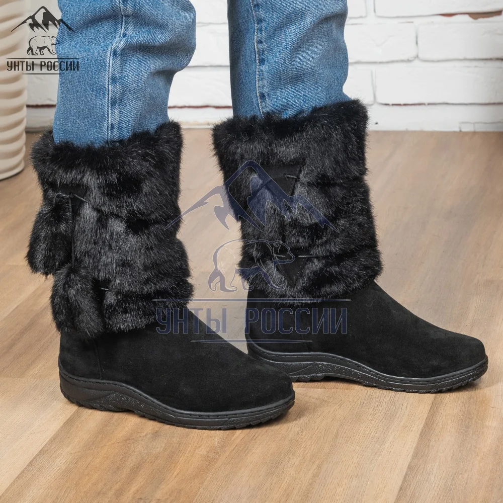 Унты женские натуральные черные и коричневые войлочная литая подошва сапоги