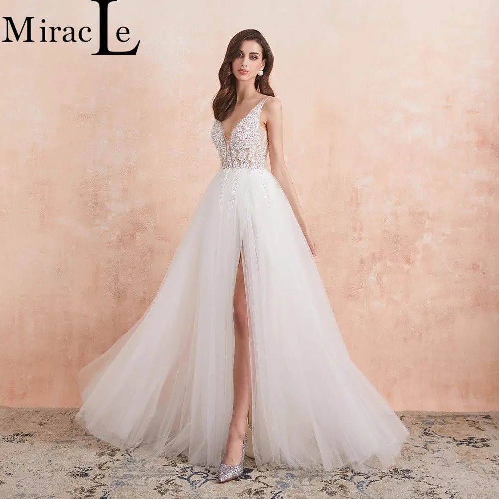 

Sheer Straps A Line Wedding Dresses Sleeveless Simple For Women Bride Crystal Floor Length Side Split Beach Robe De Mariée