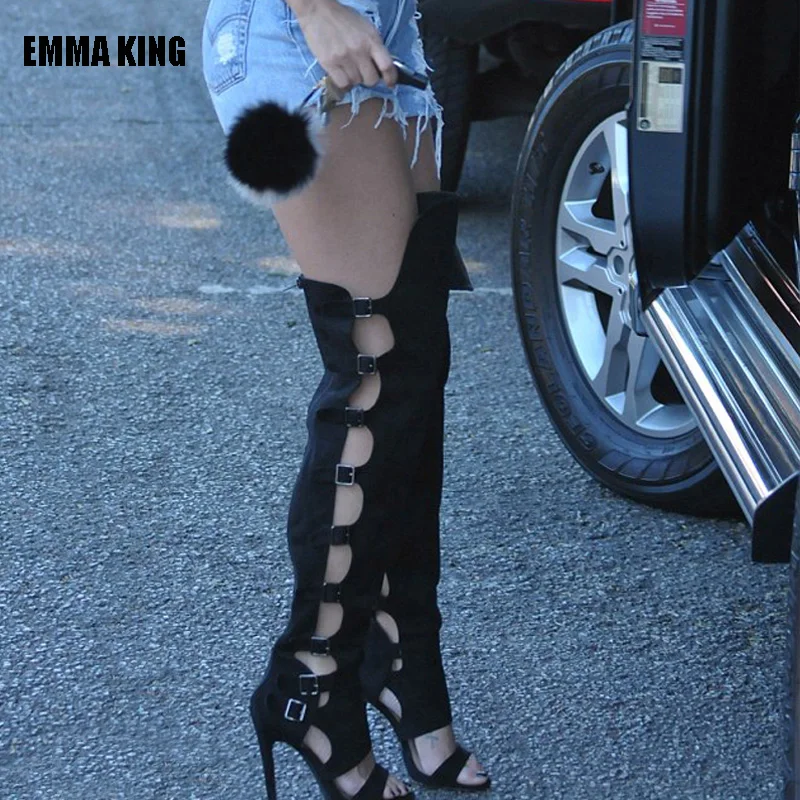 

Женские сапоги выше колена с открытым носком, Осенние ажурные сапоги для верховой езды на высоком каблуке, 44 дюйма, 2022