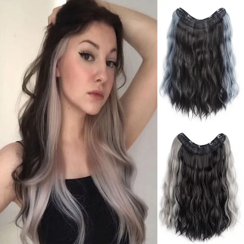 Synthetic Long Wig Hanging Rar-Dyed Wig Piece V-Type One-Piece Highlighting Natural Increased Hair Volume Fluffy Hair Extension