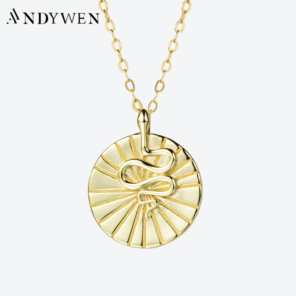 

ANDYWEN 925 Sterling Silver Gold Coins Snake Pendant Long Chain Necklace 2023 New Winter Luxury Big Thickj Jewelry For Party Gif