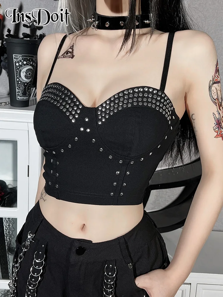 

InsDoit Gothic Clothes Backless Corset Camis Women Punk Rivet Zipper Sexy Summer Black Crop Top Bodycon Fashion Slim Streetwear