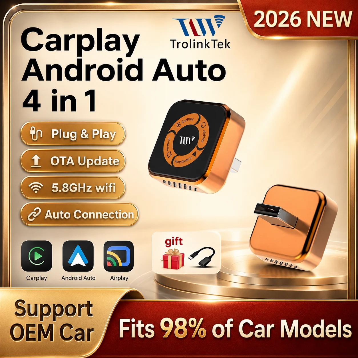Фото TrolinkTek 4-в-1 Smart Box: беспроводной адаптер CarPlay, AirPlay, Miracast, Mirror Link, преобразователь проводного Android Auto в беспроводной, Plug&Play №1