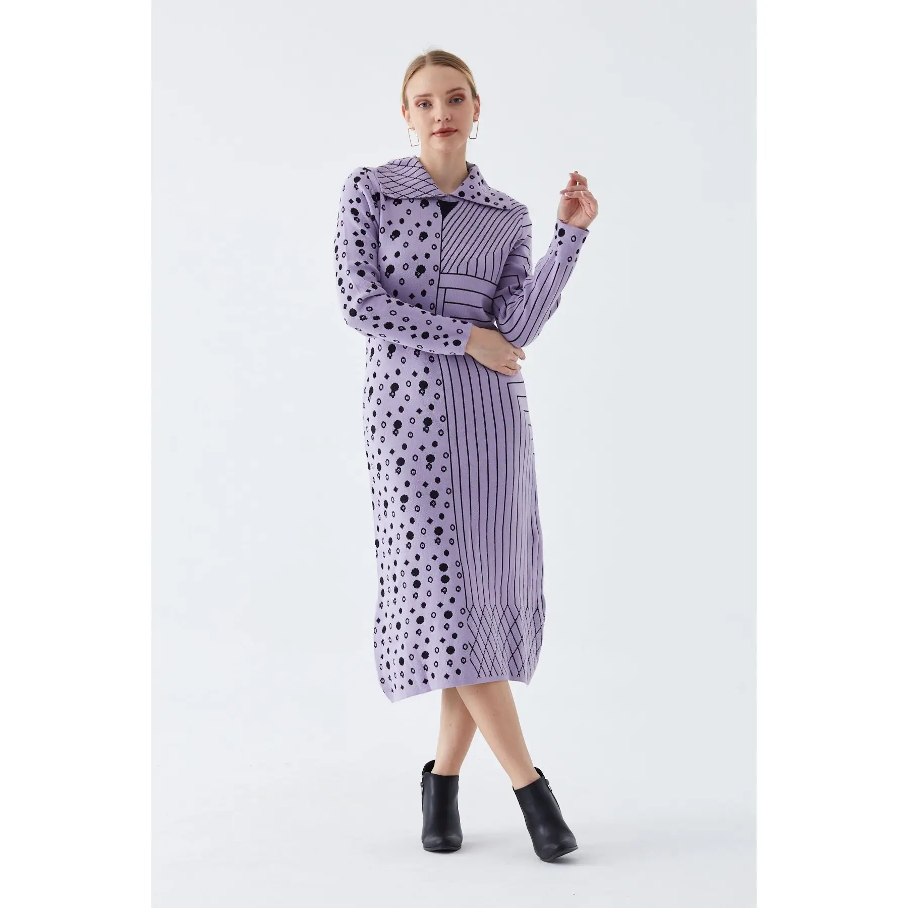 

Maxi Knitwear Women’s Dress Stripe Pattern Shirt Collar One Size Flexible Plus Size Evening Comfy Dresses For Women 2022 Turkey