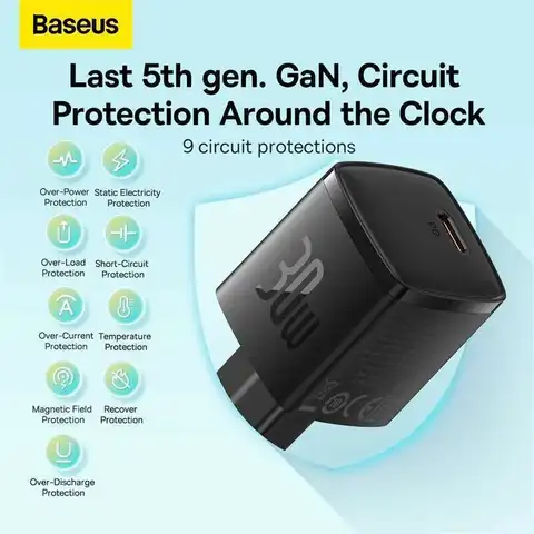 Быстрое Зарядное Устройство Baseus 30 Вт GaN PD Для IPhone 15/14/13/12/11/Xs Max Type-C Дорожный Адаптер QC3.0