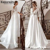 graceful long sleeves wedding dresses v neck a line 2022 vestidos de novia pleats bridal gown lace appliques button backless