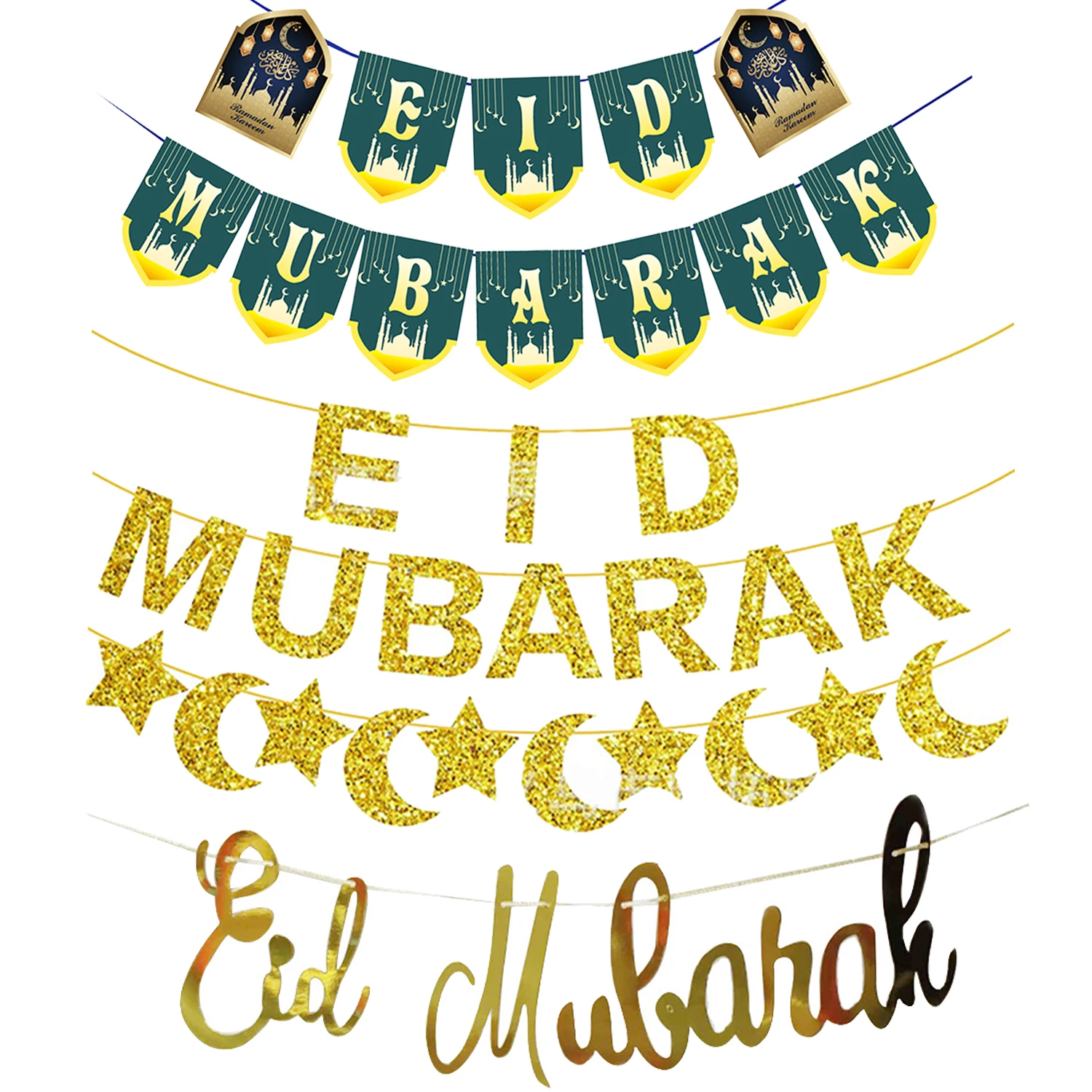 

EID Mubarak Banner Glitter Star Moon Letter Paper Bunting Garland Islamic Muslim Party Ramadan Kareem Decorations for Home 2023