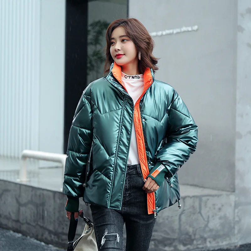 Winter New Style Women's Stand Collar Shiny Solid Color Cotton Jacket Warm Windproof Short Down Jacket Korean Down Filled Coat