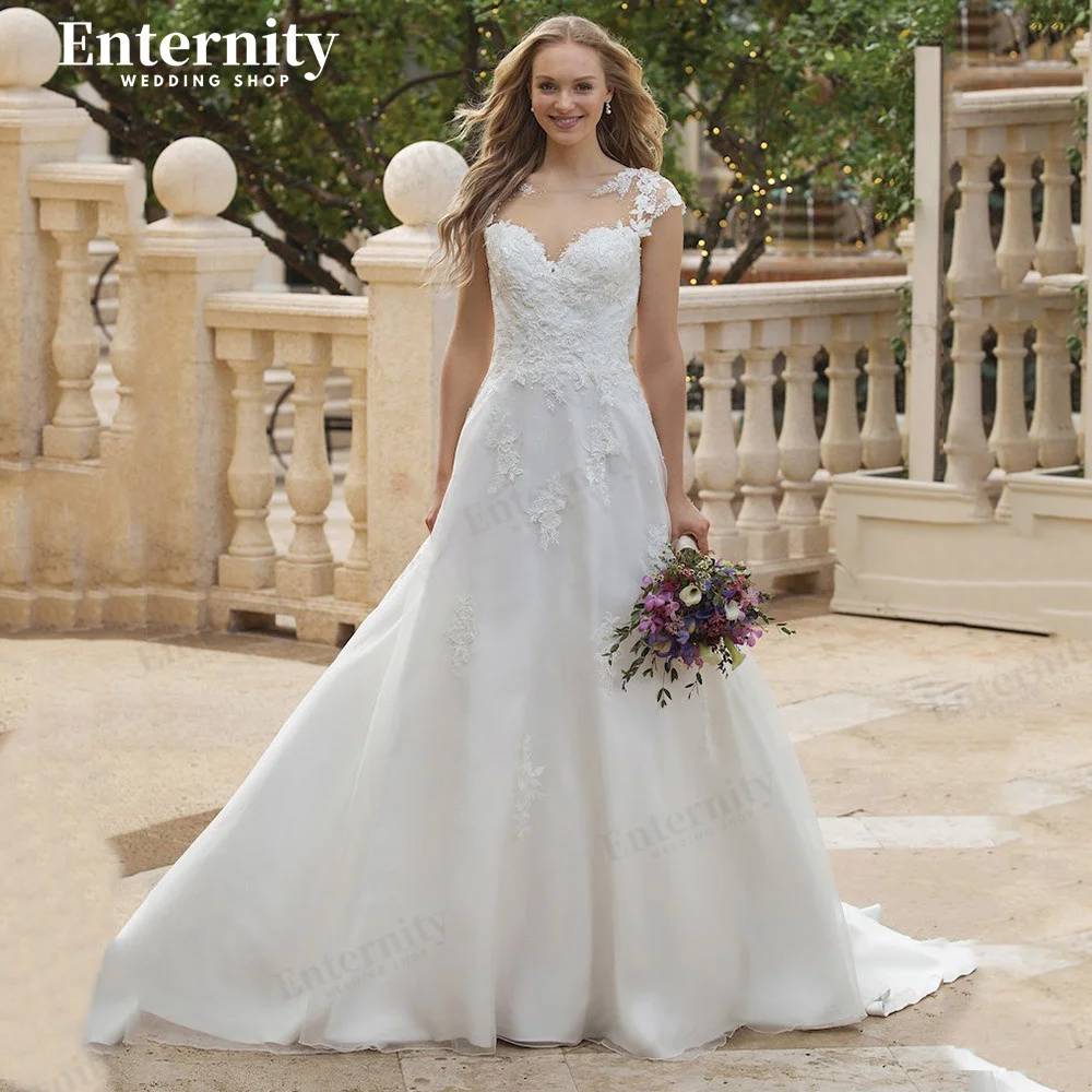 

Classical A-Line Lace Appliques Wedding Dress Sheer O Neck Custom Made Cap Sleeves Bridal Gowns Illusion Back Cвадебное платье