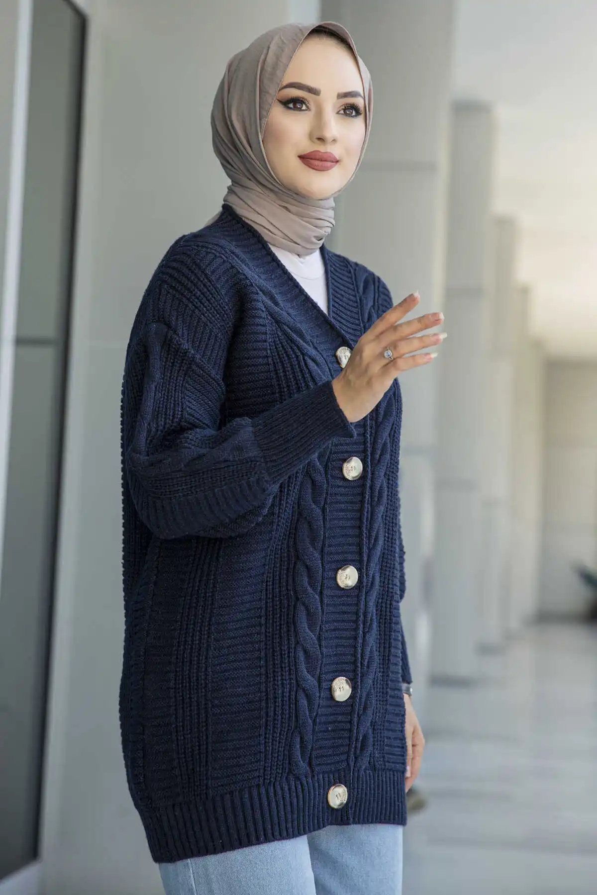 Women Fashion Balloon Sleeve Knitted Hijab Knitwear Cardigan Colors Abaya Autumn Winter V-Neck Single-Breasted Loose Sweater