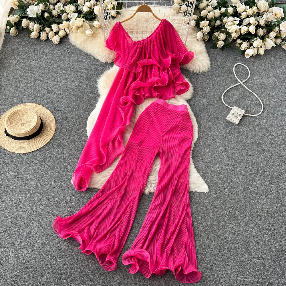 

Clothland Women Sexy Ruffled Blouse Pants Suit Asymmerical Shirt High Waist Flare Pants Autumn Two Piece Set TZ561