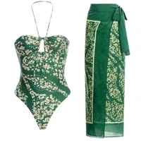 women one piece swimsuit with skirt green halter print coverups holiday beach dress designer bathing suit surf wear summer