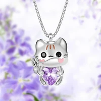 creative cartoon cat heart crystal pendant necklace for women exquisite animal jewelry party accessories lovely girl birth gifts