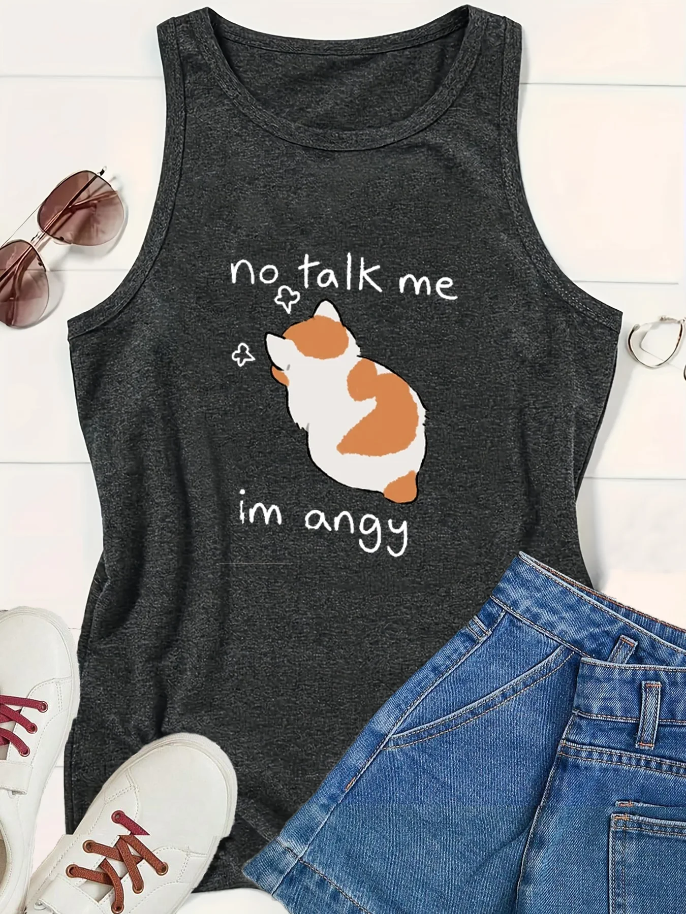 Женский Свободный Топ без рукавов с принтом кошки и круглым вырезом