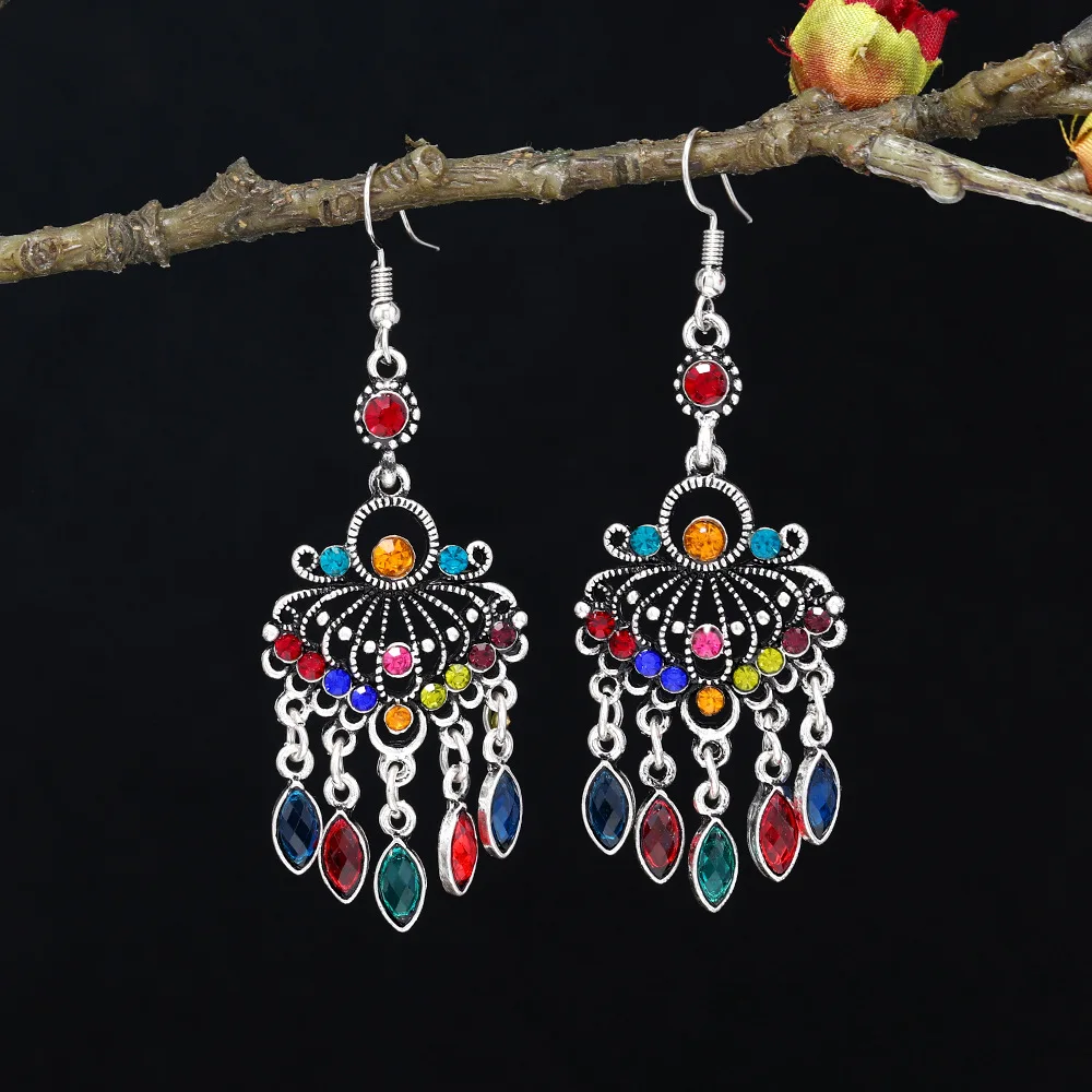 

Vintage Bohemian Dangle Earrings Colorful Crystal Water Drop Tassel Earrings for Women Ethnic Long Jhumka Jewelry Accessories