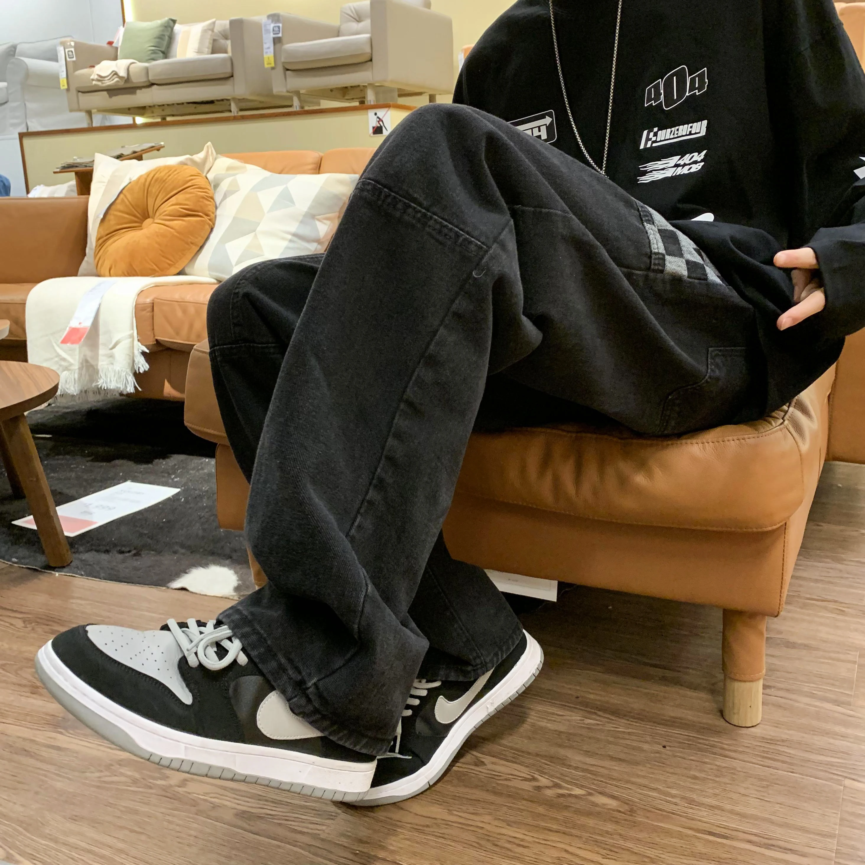 Retro Printed Denim Trousers Men's High Street Wide Leg Pants Street Loose Casual Jeans