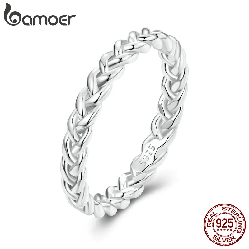 

Bamoer 925 Sterling Silver Simple Plait Rings Braided Texture Twisted Eternity Finger Ring for Women Fine Jewelry Gift for Party