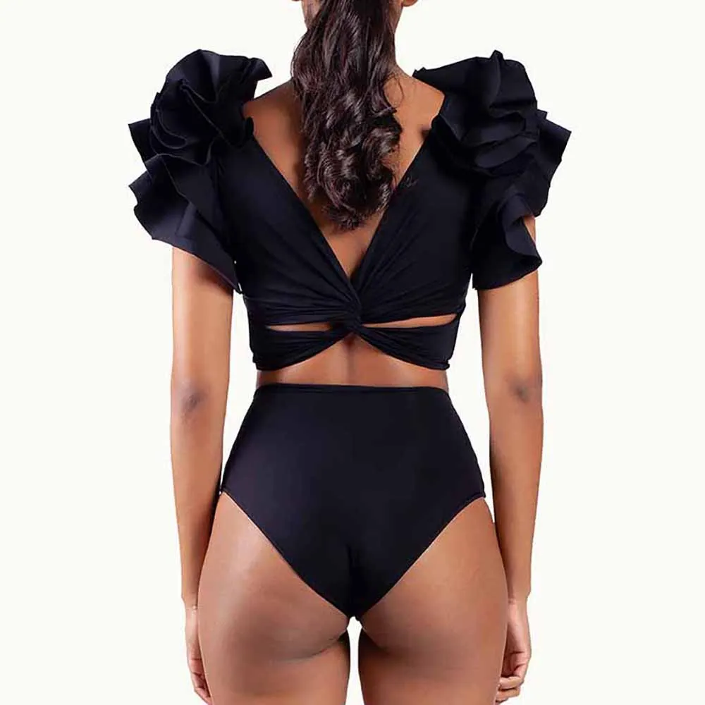 Solid Ruffle V-Neck Bikini Slim Fit Sexy Swimsuit Two-Piece Cross Straps Beachwear High Waist And Belly Plus Size 2022