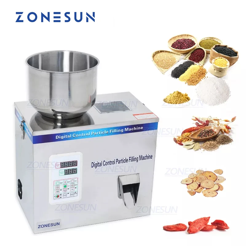 ZONESUN Powder Filling Machine Automatic Intelligent Particle Weighing Grain Medicine Seed Fruit Salt Packing Filler 1-100g