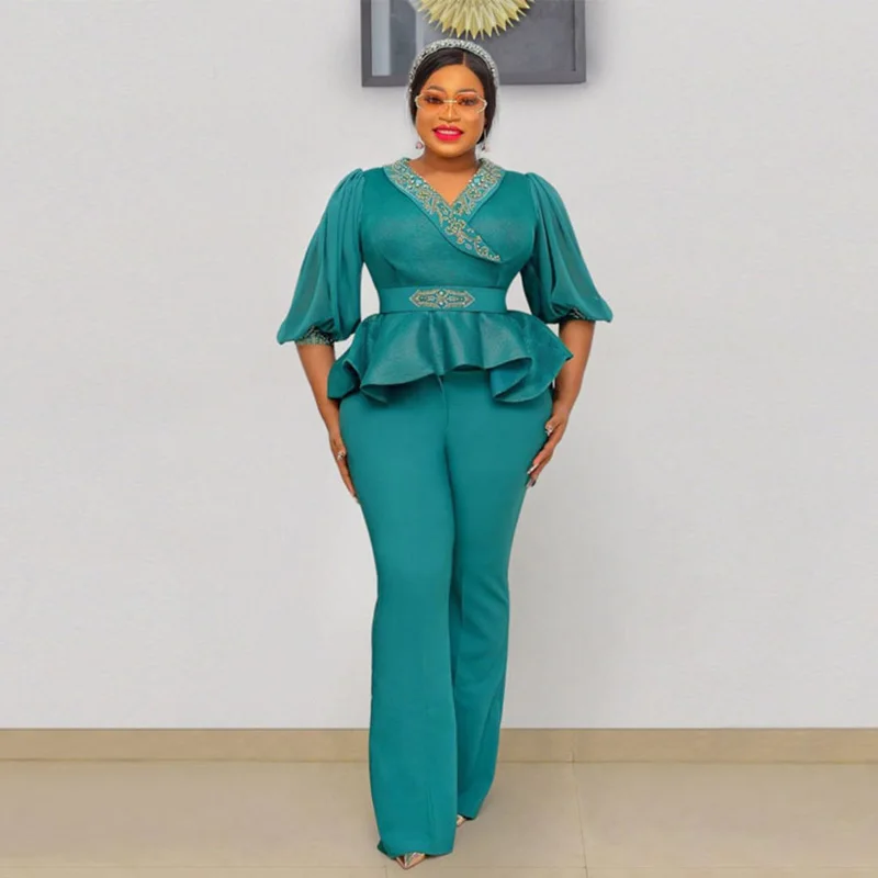 

2 Piece Set African Clothes Women Ruffle Splice Half Sleeve Tops Set Fashion New High Waist Elegant African OL Flare Pants Suit