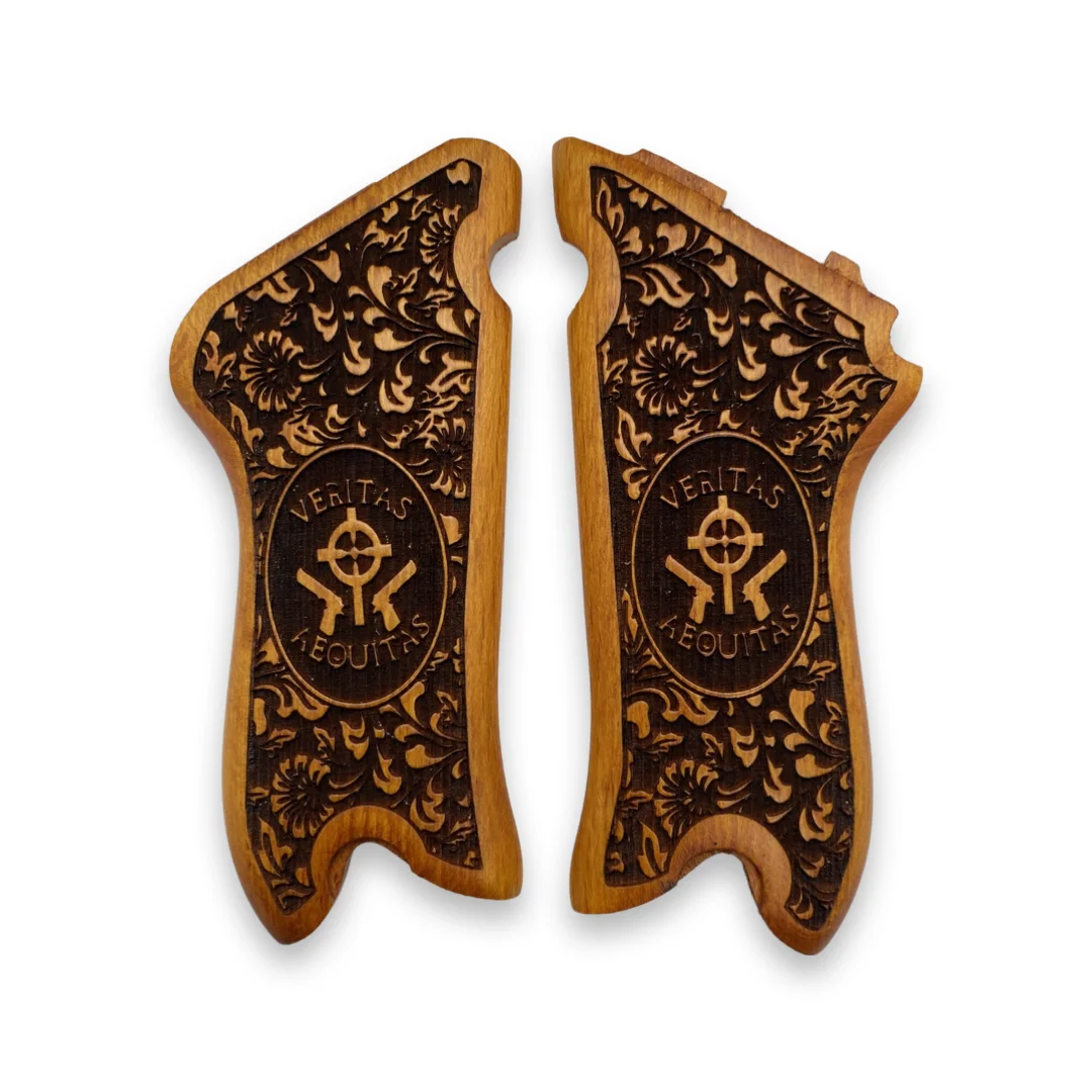 Luger P-08 Roller Special Laser Cutting Walnut Tree Wooden Grip Mode. Veritas Aequitas | Hunting Gun Accessories