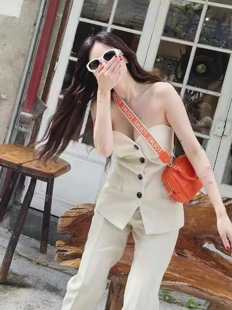 Zach AiIsa summer new temperament female heart-shaped collar flap underwear vest + all-match high-waisted trousers slits