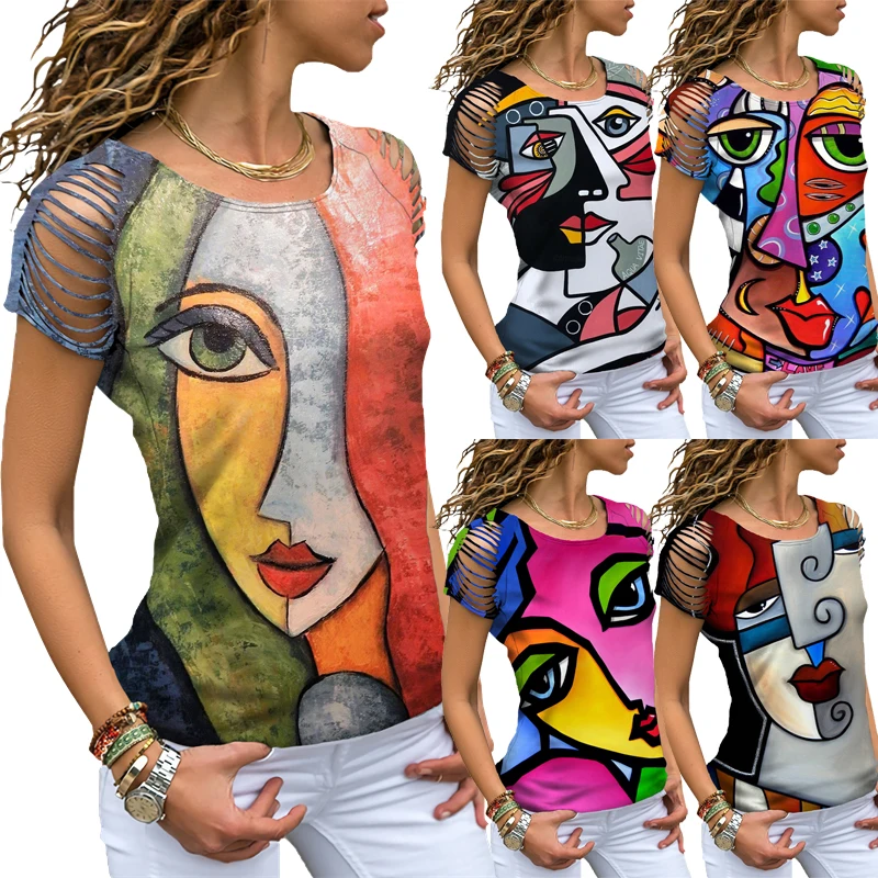 

Novelty Abstract Face Print Short Sleeve T-Shirt 2022 Women Casual O-Neck Harajuku Tops Summer Fashion Streetwear Loose T Shirts