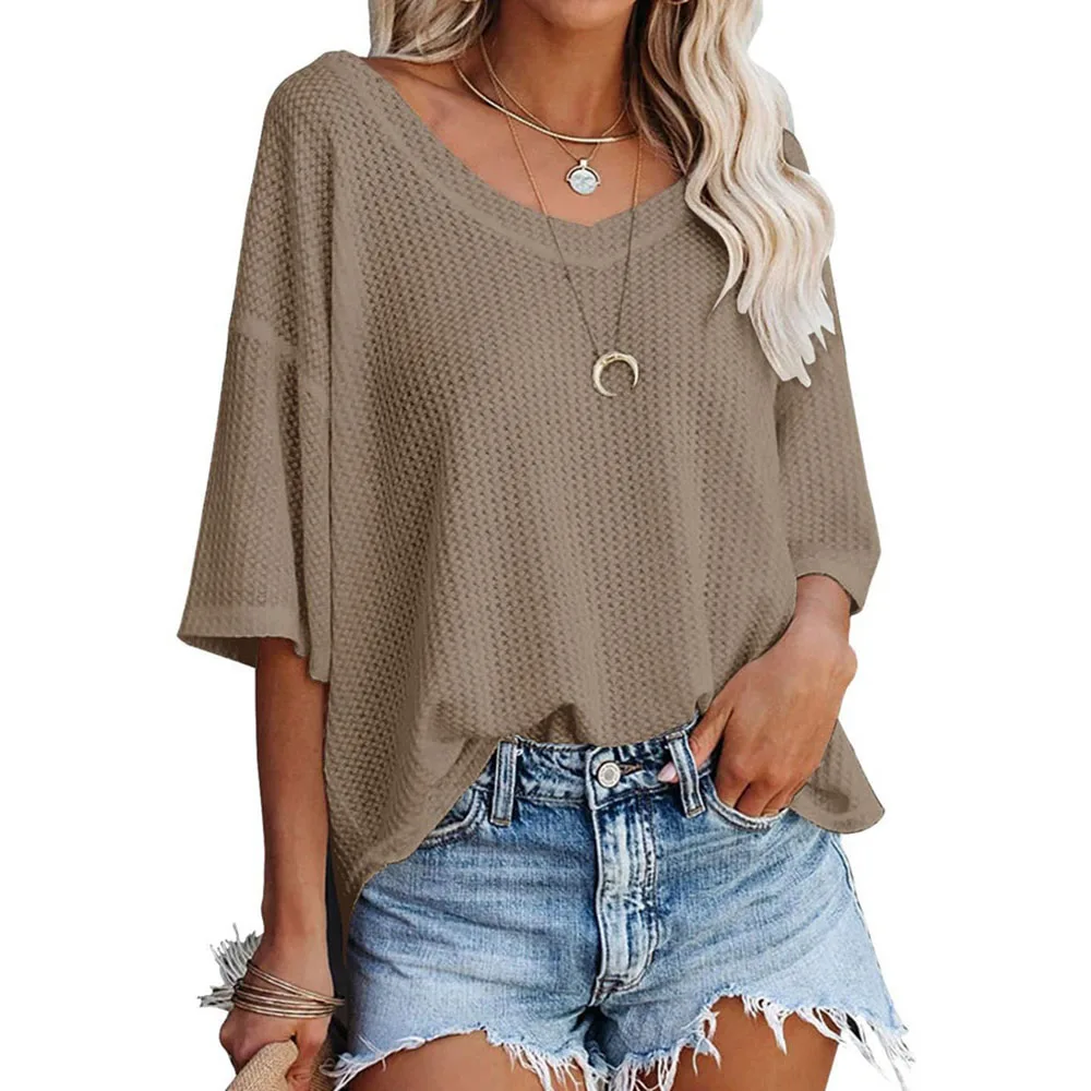 

New Arrival Women Summer V-Neck Short Sleeve T-Shirt Tops Ladies Solid Casual Loose Holiday Beach Party Blouse Knitted Tee