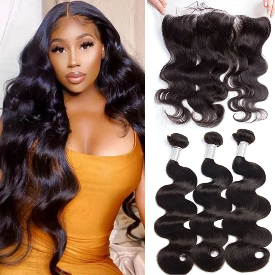 

12A Human Hair Body Wave Bundles With Lace Frontal Closure Peruvian Virgin Hair Wet And Wavy Weft Weave Extensions Natural Black