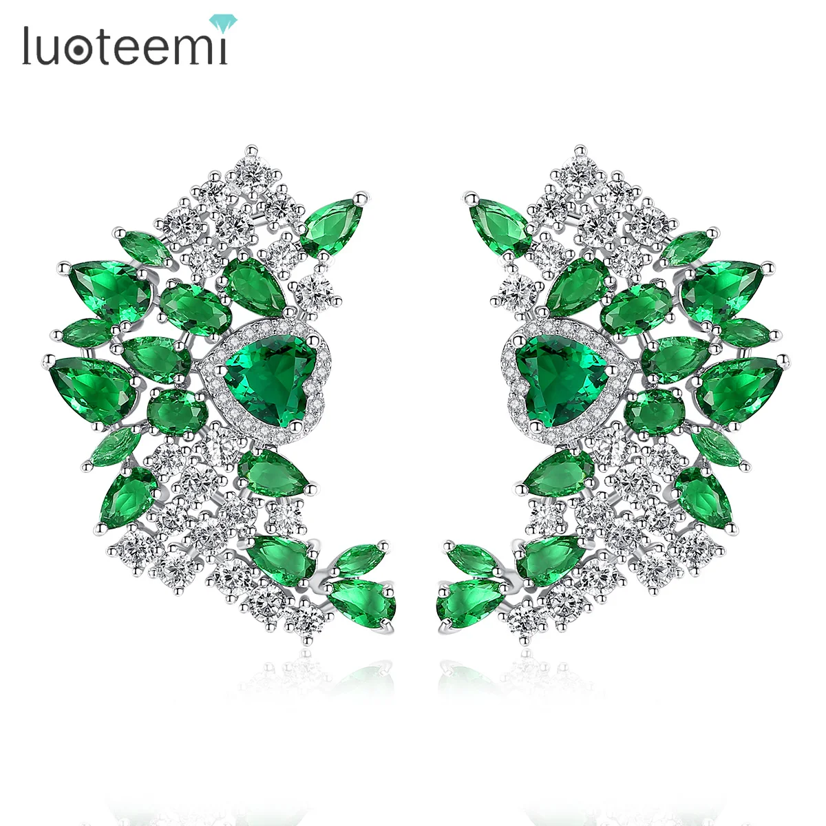

LUOTEEMI Marquise Cut Shiny Leaf with Heart Crystal Drop Earring for Women Luxury Green Cubic Bridal Wedding Fashion Accessories