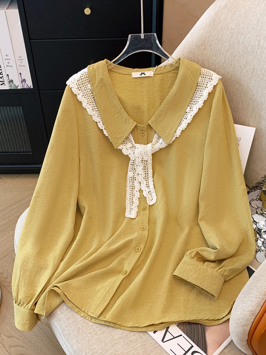 150kg Женский бюст 155 Весенний и осенний свободный воротник рубашка желтый 5XL 6XL 7XL 8XL