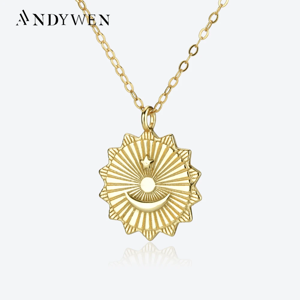 

ANDYWEN 925 Sterling Silver Gold Moon Star Pendant Long Chain Necklace 2022 Winter Spring Fine Jewelry Wedding Party Jewels