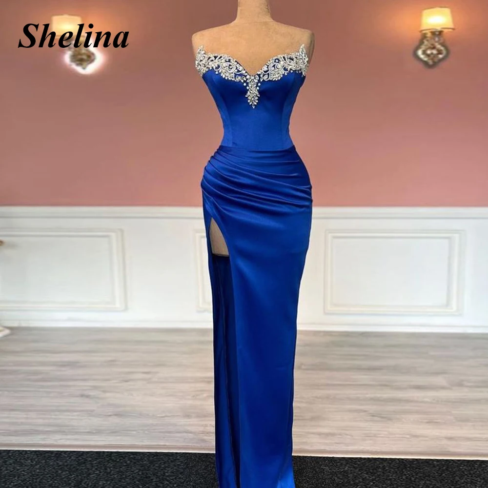 

Shelina Fancy Sweetheart Prom Dress Crystal Pleat Split Trumpet Sleeveless Backless Vestido De Noche Drop Shipping Personalised