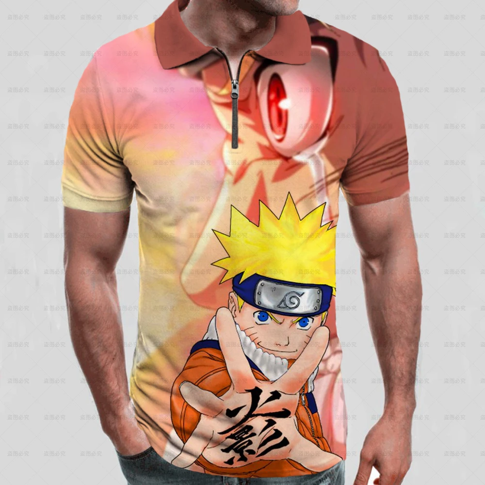 

Рубашка-поло Naruto мужская с молнией, Повседневная дышащая рубашка-поло с отложным воротником и короткими рукавами, лето