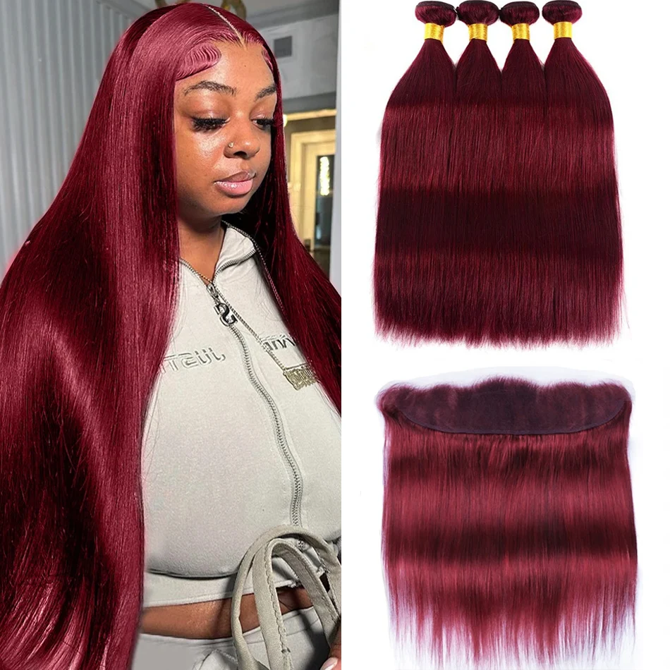 Бордовые 99j Прямые пучки с фронтальной частью Красочные прямые волос Наращивание