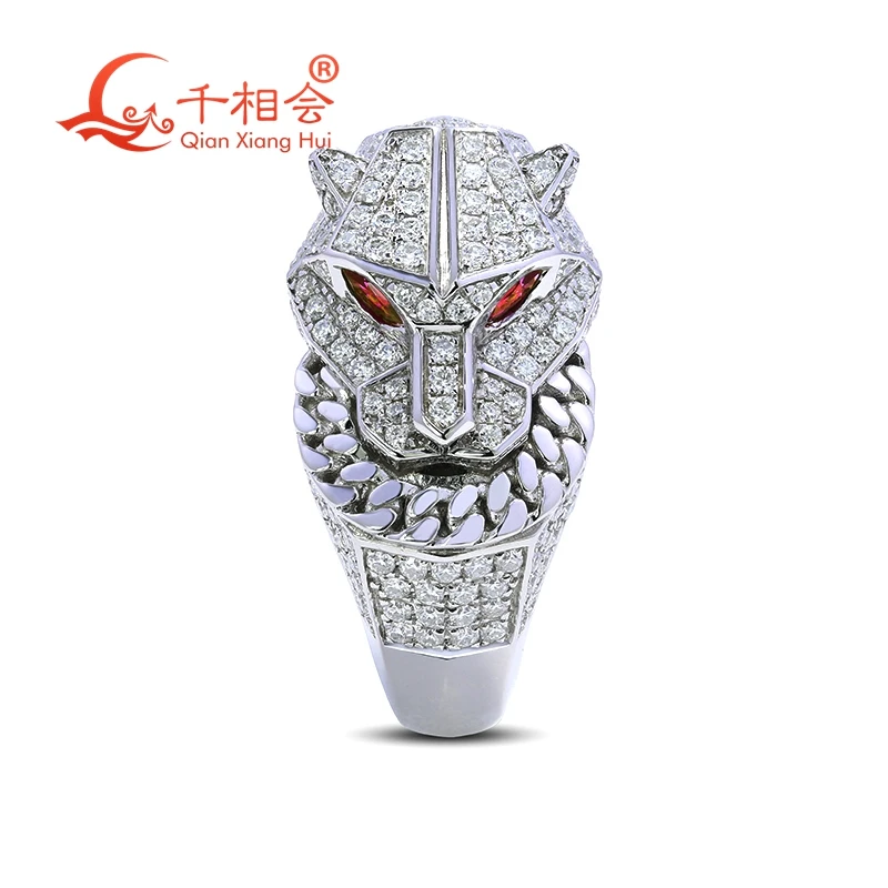 Tiger head Real full of Moissanite with ruby eyes animal Ring Men Sterling 925 Silver hip hop Male Friends Gift Fashion Jewelry