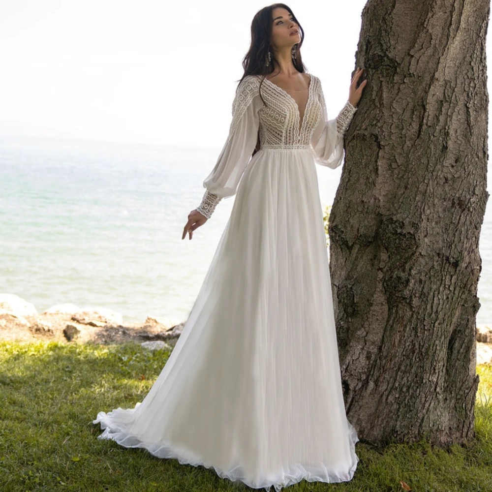 

Romantic Bohenmian White Chiffon A Line Wedding Dresses Elegant Appliques Long Sleeves Bridal Gowns Sexy vestido de novia