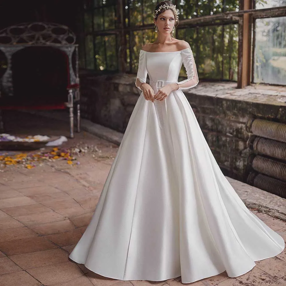 

Elegant Long Sleeves Wedding Dresses 2023 Off The Shoulder Pearls Beading A Line Prom Gowns Robe Mariage Femme Custom Made