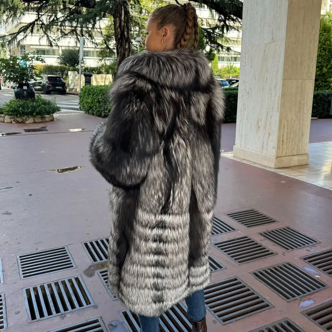 Длинное пальто из натурального серебряного лисьего меха 100 см с